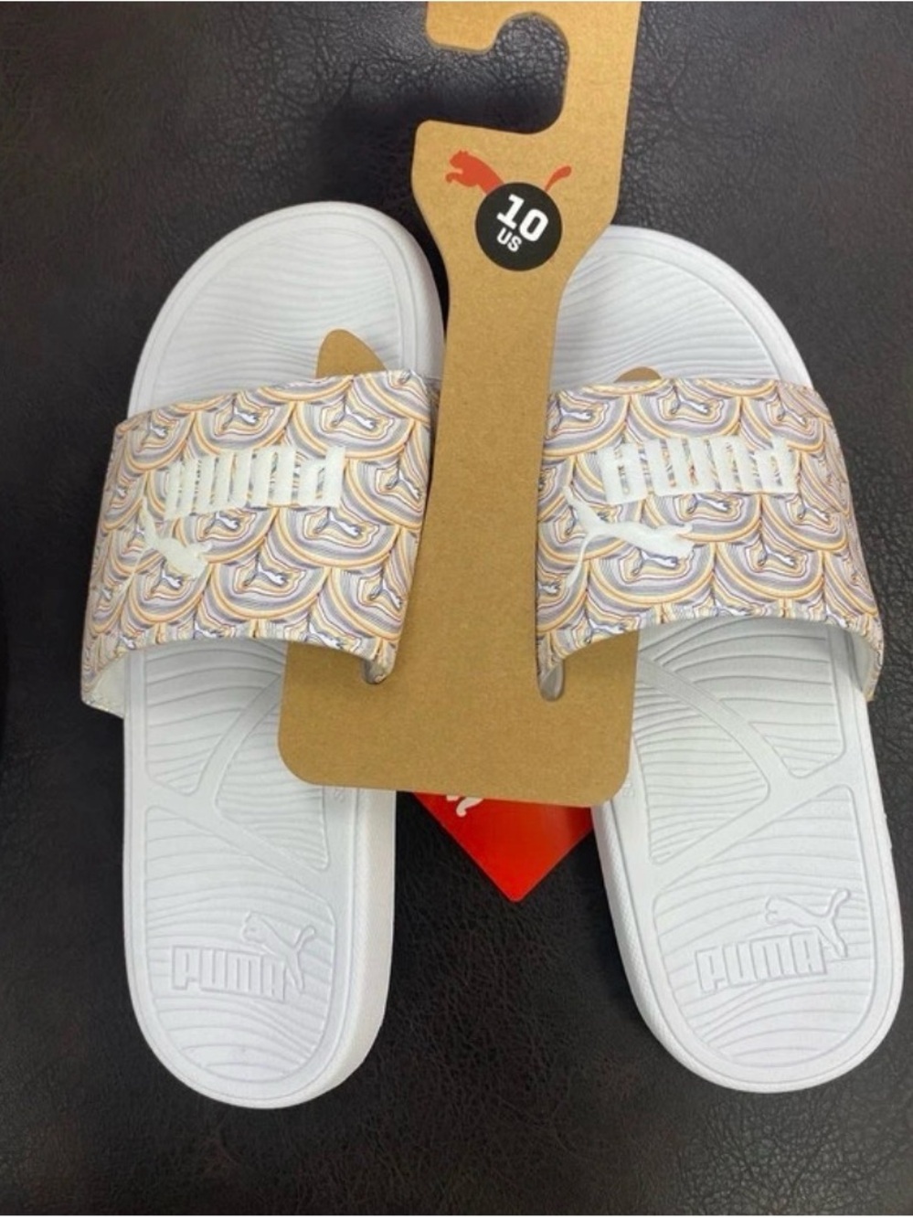 Puma mens White Slide Sandals with Multicolor Patterned Strap